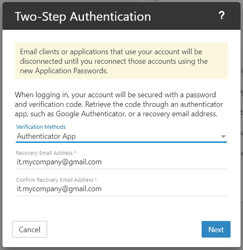 Two-Step Authentication set up