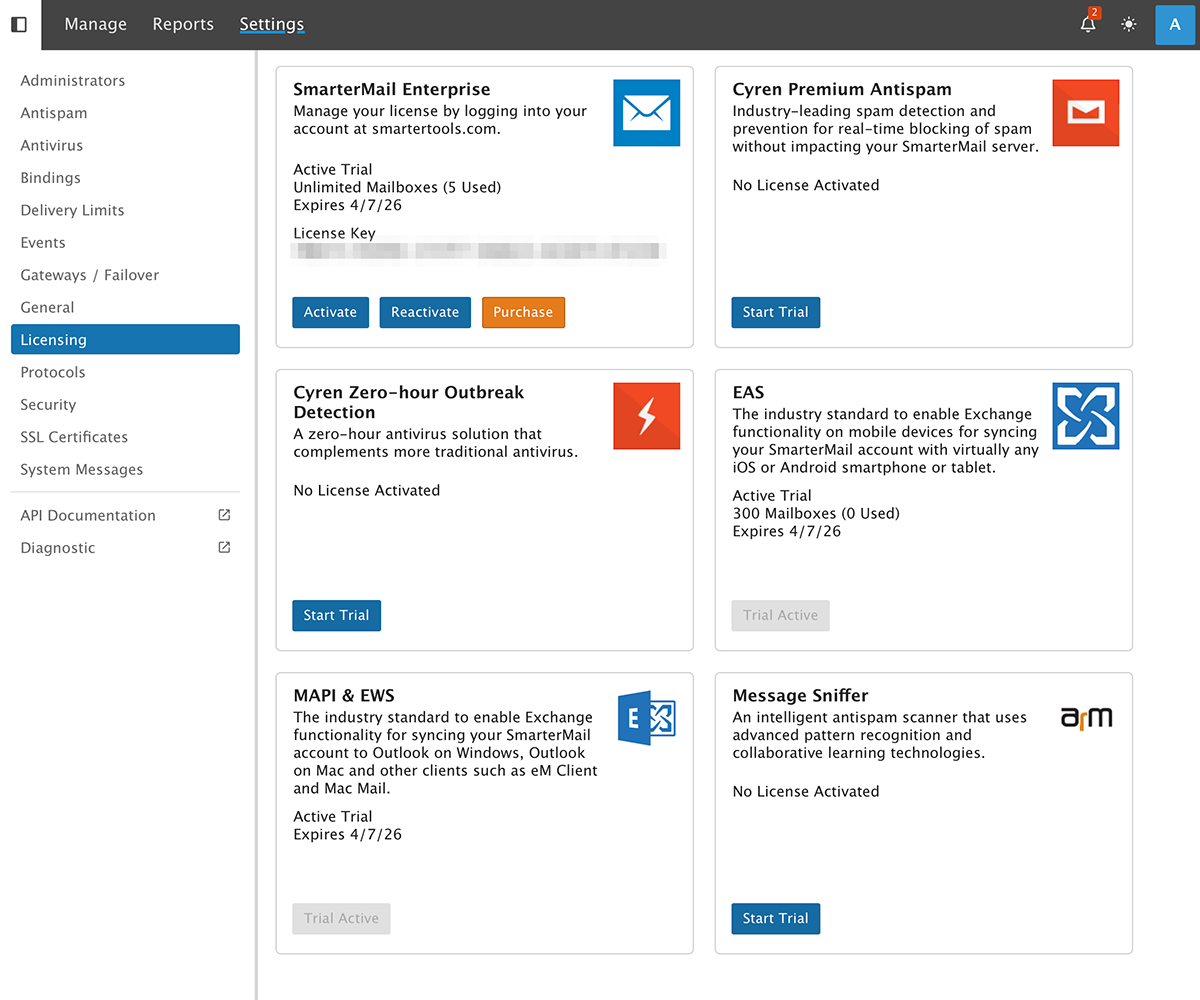SmarterMail Licensing page