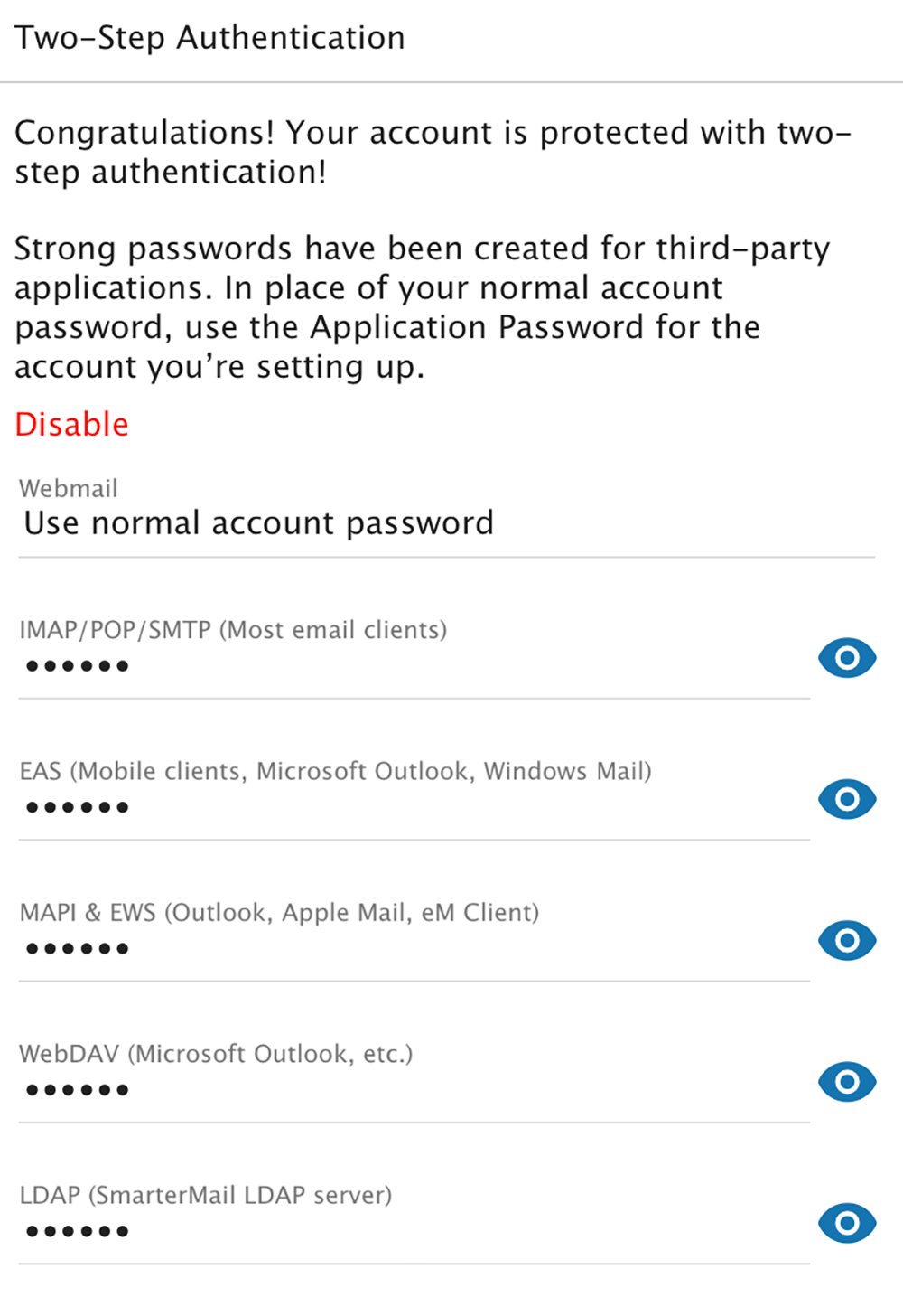 Two-Step Authentication application passwords